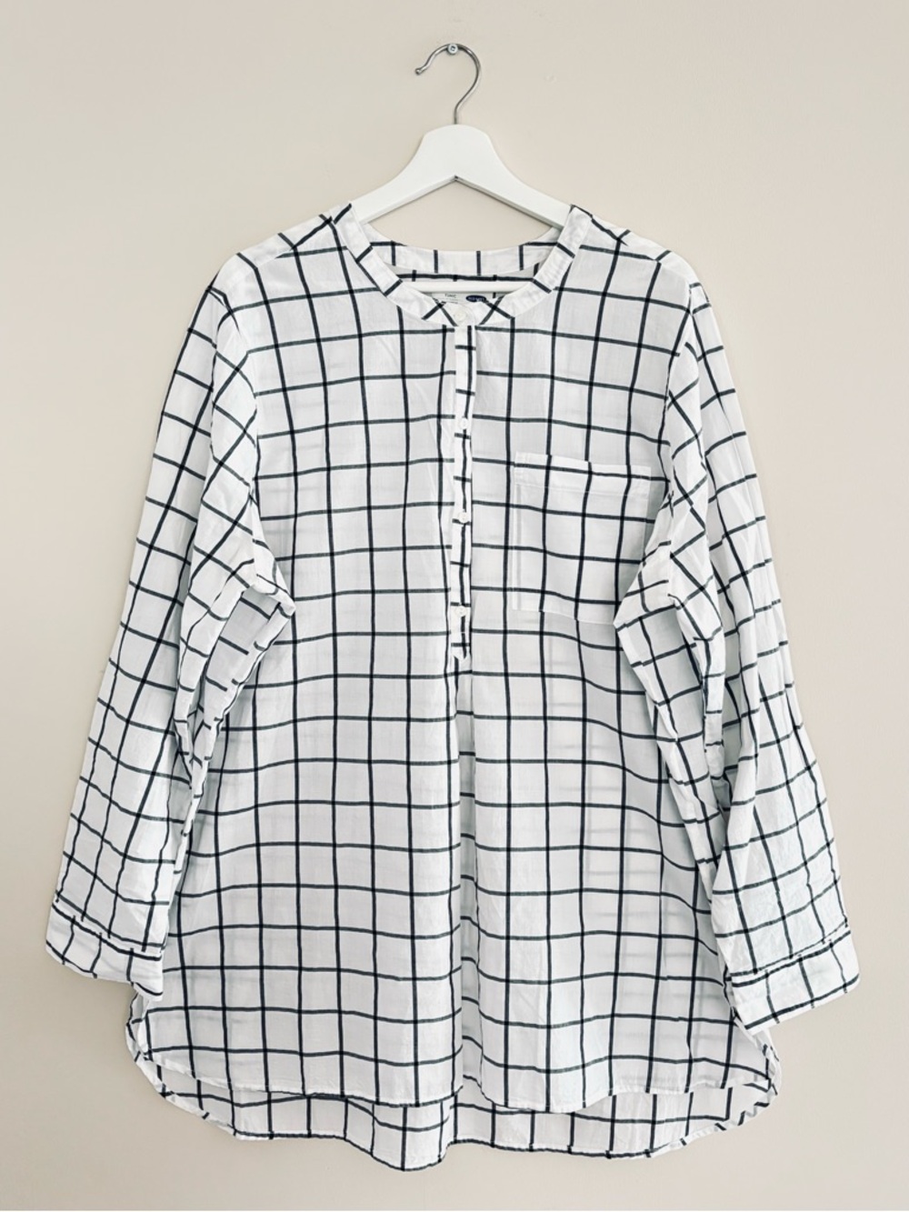 OLD NAVY Black/White Grid Tunic XXL 100 % Cotton Long Sleeve Blouse High/Low PO